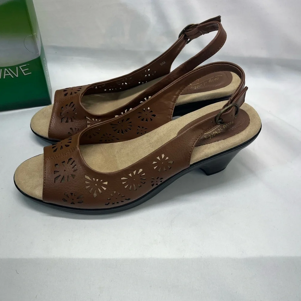 Easy Street Slingback Sandals Die Cut Leather Uppers 9 Kaley Tan‎ Brown New